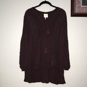 NWOT Purple-Maroon Peasent Lace Cutout Tunic Top